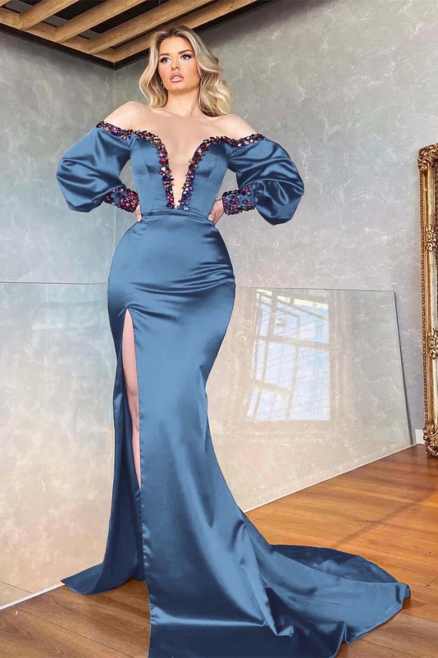 Purple Mermaid Beadings Front Split Prom Dress Off the Shoulder With Long Sleeves V Neck