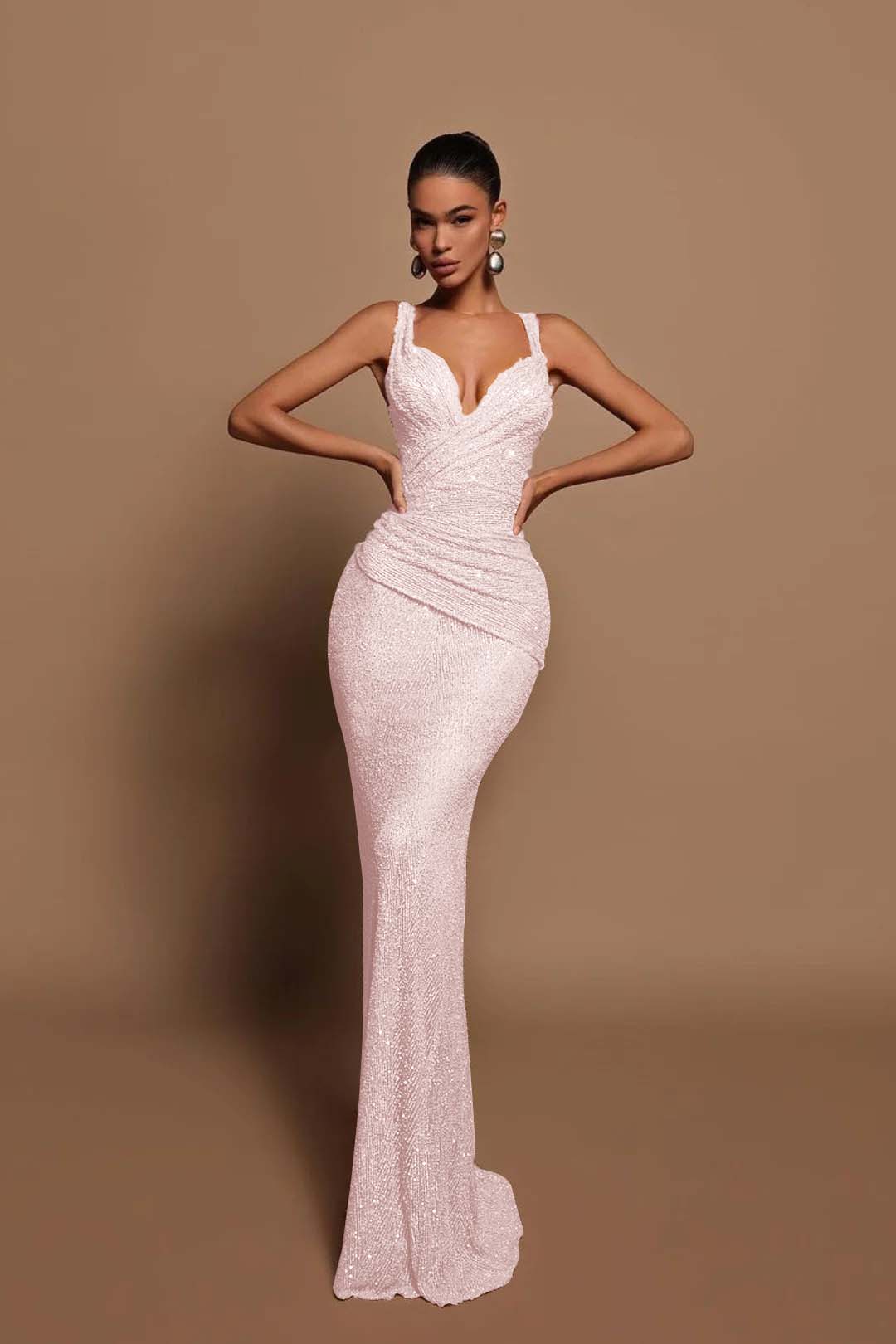 Sexy Pink Long Sequins Prom Dress V Neck Mermaid Sleeveless