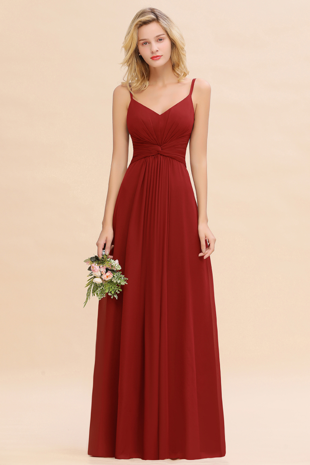 27prom Modest Ruffle Spaghetti Straps Backless Burgundy Bridesmaid Dresses Affordable-27prom