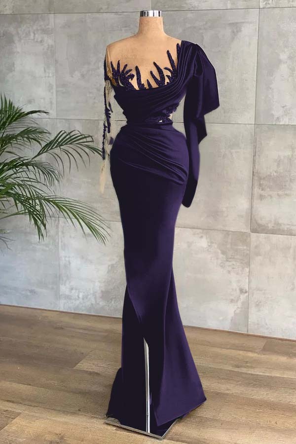 Green Long Sleeves Mermaid Side Split Prom Dress With Appliques