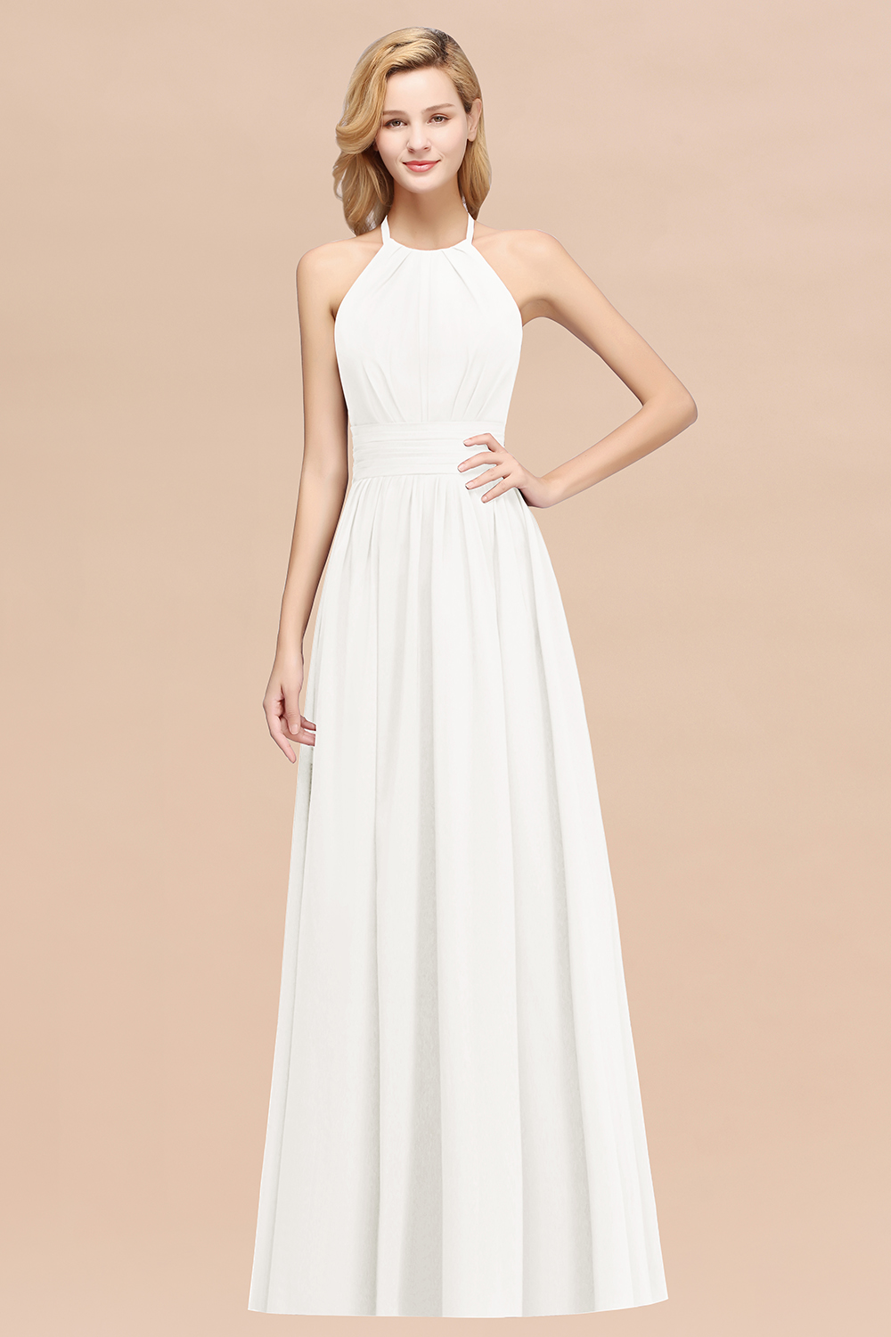 27prom Elegant High-Neck Halter Long Affordable Bridesmaid Dresses with Ruffles-27prom