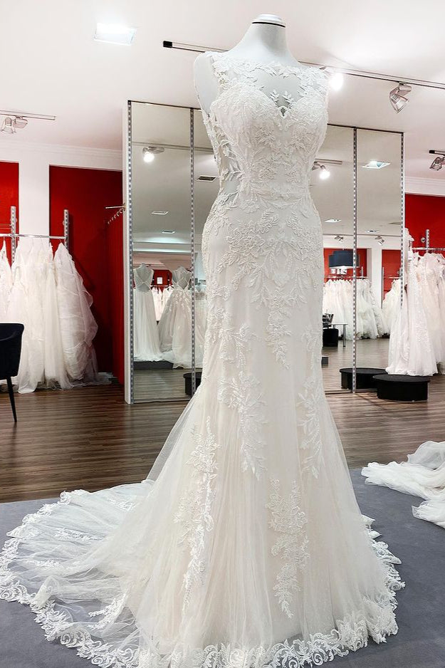 White Open Back Long Mermaid Wedding Dress with Tulle Lace