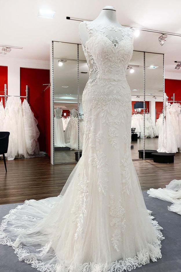 White Open Back Long Mermaid Wedding Dress with Tulle Lace