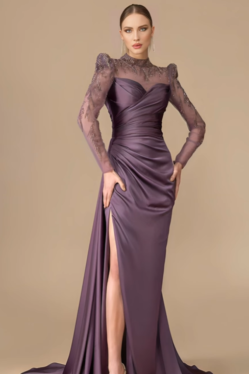 Long Sleeves Long Mermaid Prom Dress With Split Pleated Appliques