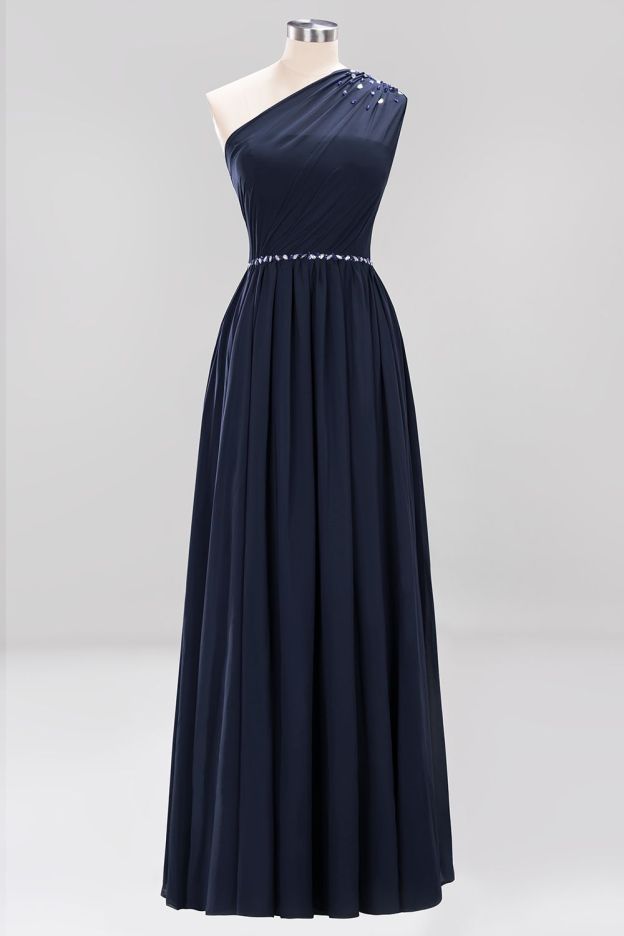 27prom Modest One-shoulder Royal Blue Affordable Bridesmaid Dress with Beadings-27prom
