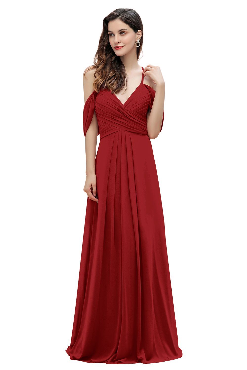 Elegant A-line Off-the-Shoulder V-neck Ruched Long Bridesmaid Dress-27prom