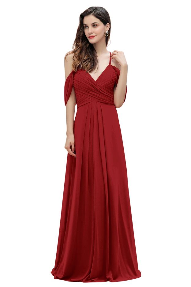 Elegant A-line Off-the-Shoulder V-neck Ruched Long Bridesmaid Dress-27prom