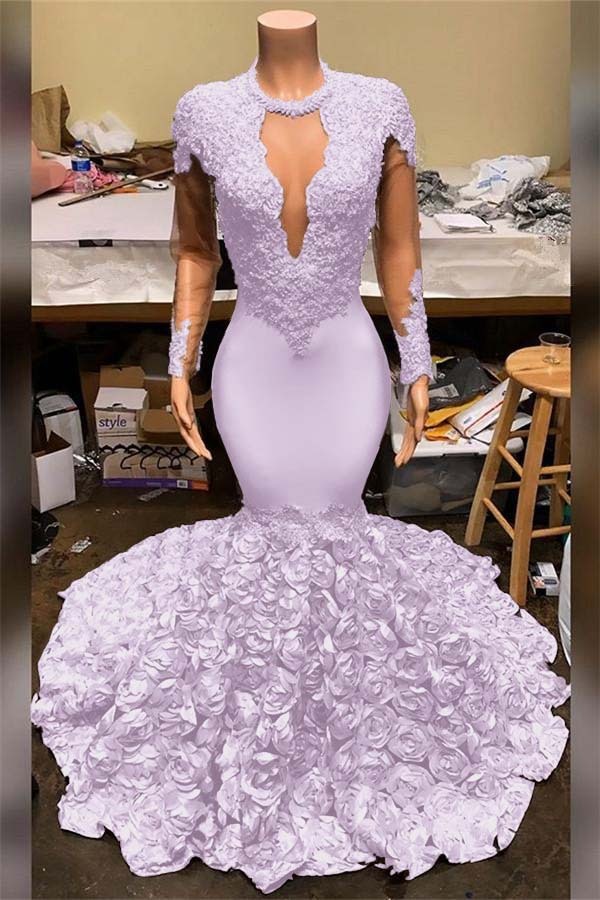 Elegant Mermaid V Neck Prom Dress Appliques Long Sleeves With Flowers Bottom