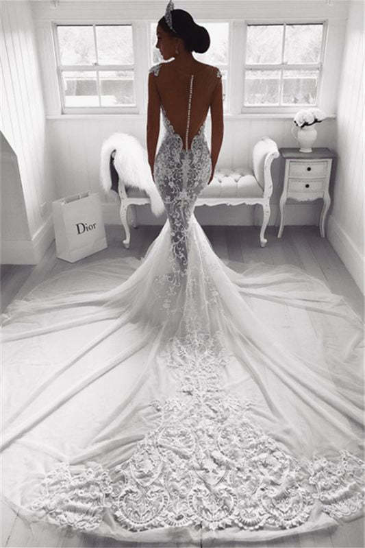 Elegant Cap Sleeve Mermaid Wedding Dress with Lace Appliques and Zipper Back