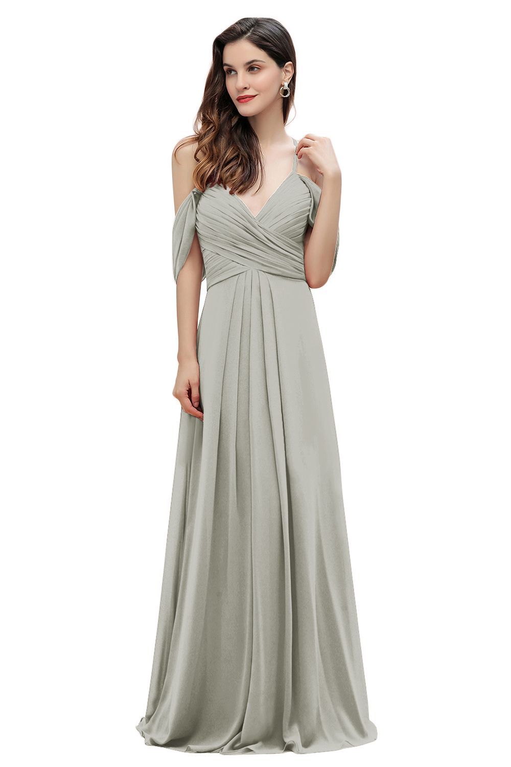 Elegant A-line Off-the-Shoulder V-neck Ruched Long Bridesmaid Dress-27prom