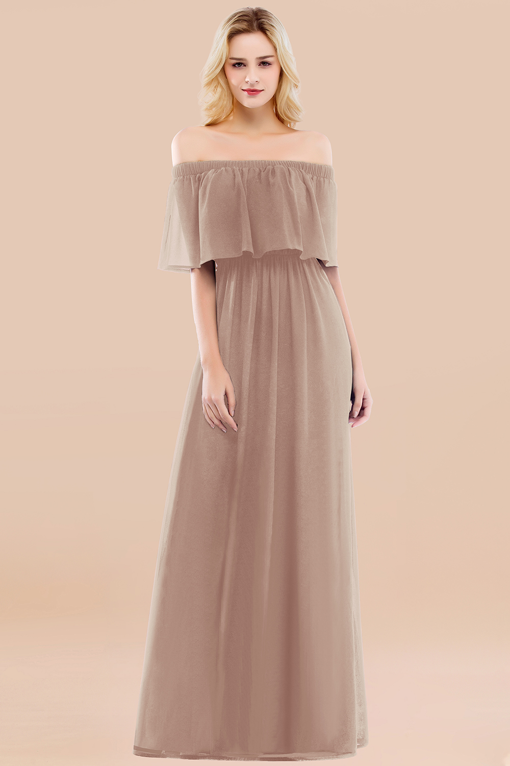 27prom Vintage Off-the-Shoulder Long Burgundy Bridesmaid Dress with Ruffle-27prom
