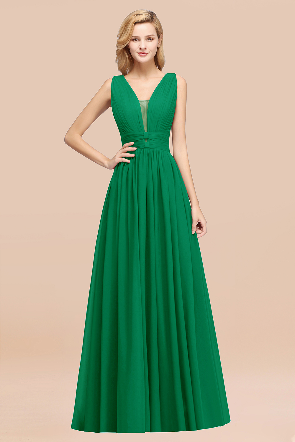 27prom Modest Dark Green Long Bridesmaid Dress Deep V-Neck Chiffon Maid of Honor Dress-27prom