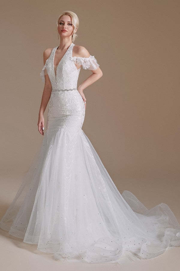 Elegant Long Mermaid Halter Tulle Floor-Length Wedding Dress with Lace Appliques