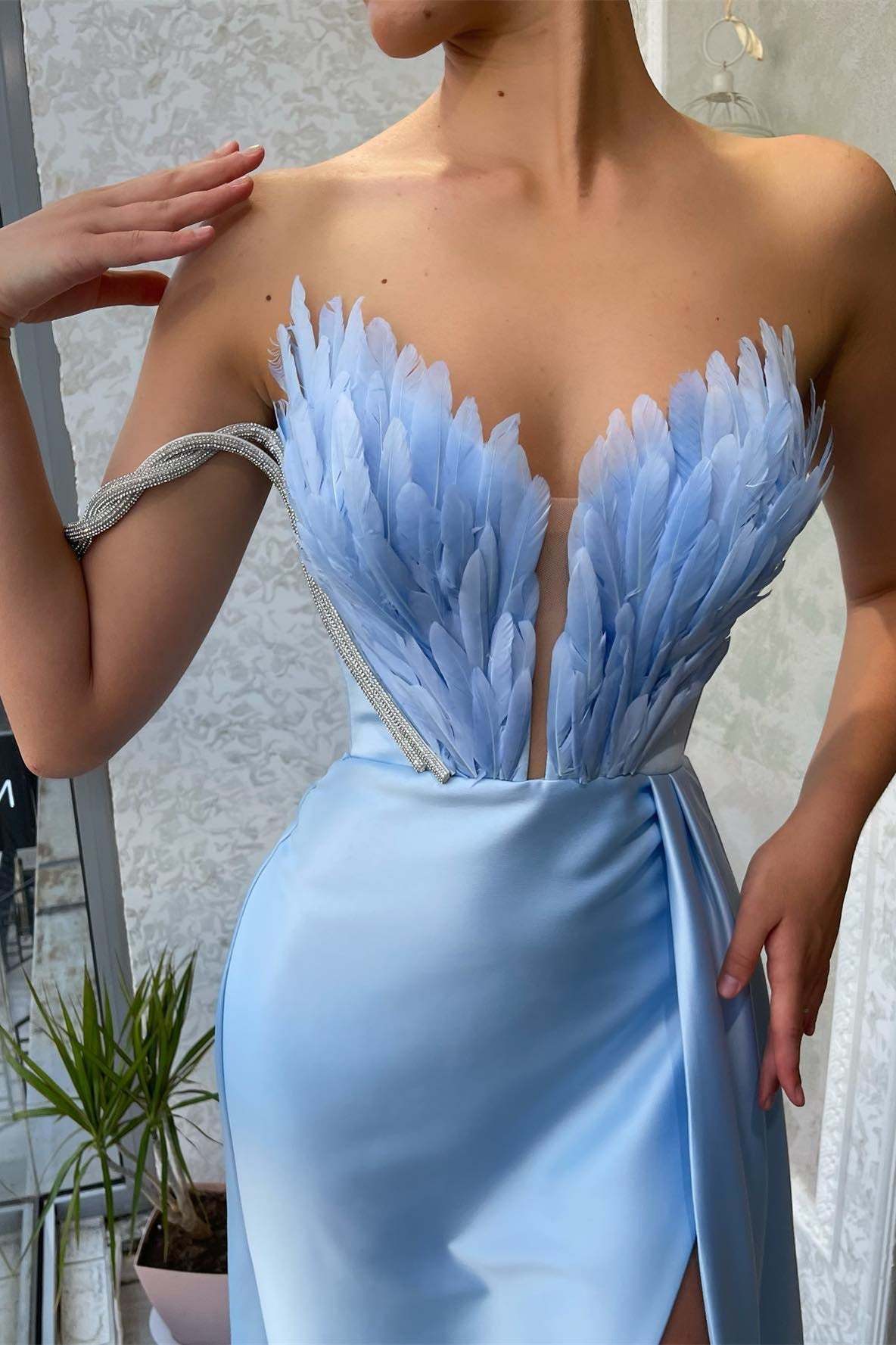 Baby Blue V-Neck Mermaid Prom Dress with Feather Accents