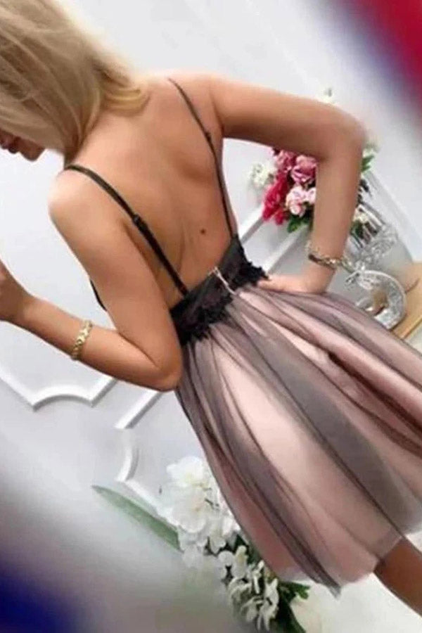 Backless Black Lace Short Homecoming Dress