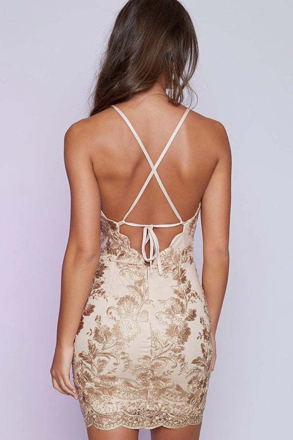 Backless Champagne Satin Homecoming Dress With Lace Appliques