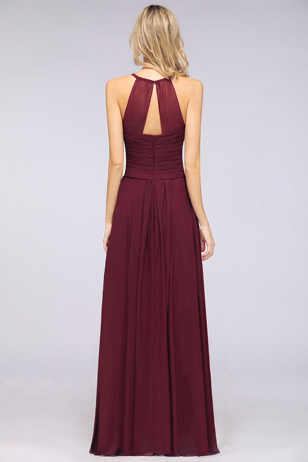 27prom Affordable Spaghetti Straps V-Neck Burgundy Chiffon Bridesmaid Dress with Keyhole Back-27prom