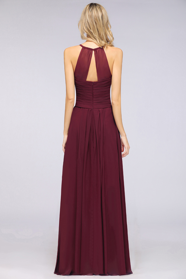 27prom Affordable Spaghetti Straps V-Neck Burgundy Chiffon Bridesmaid Dress with Keyhole Back-27prom