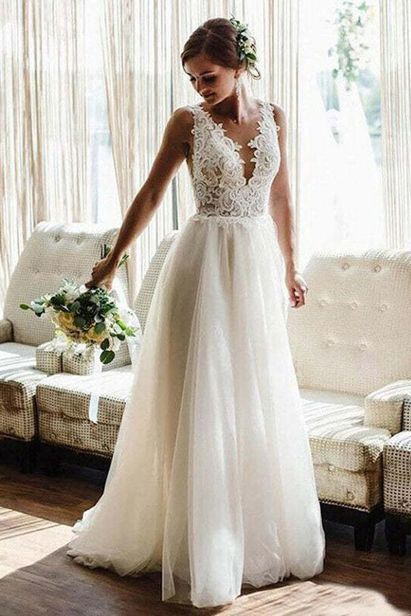Strappy V-Neck A-Line Sleeveless Backless Wedding Dress with Lace Appliques