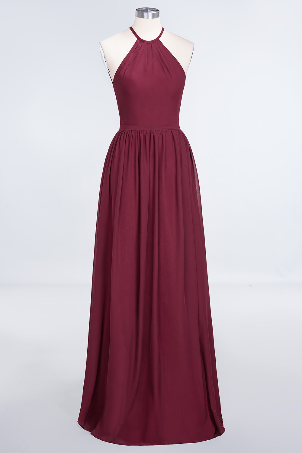 27prom Affordable Halter Sleeveless Long Burgundy Bridesmaid Dress with Ruffle-27prom