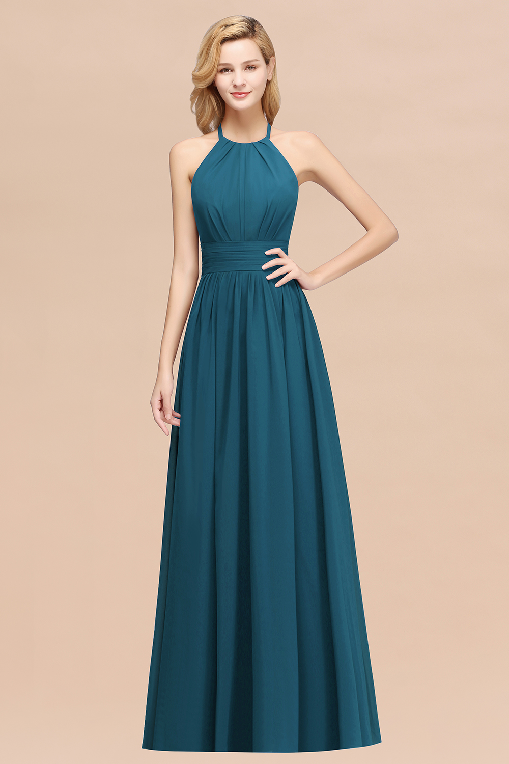 27prom Elegant High-Neck Halter Long Affordable Bridesmaid Dresses with Ruffles-27prom