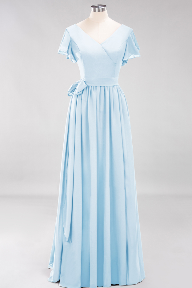 27prom Burgundy V-Neck Long Bridesmaid Dress With Short-Sleeves-27prom