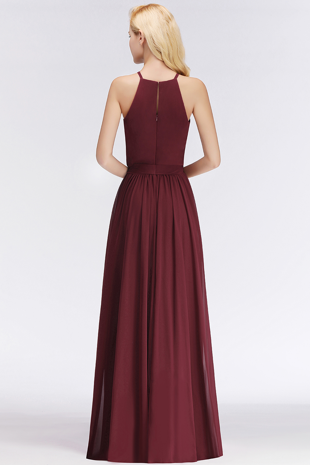 27prom Affordable Halter Bow Long Bridesmaid Dress Modest Burgundy Chiffon Wedding Party Dress-27prom