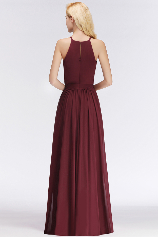 27prom Affordable Halter Bow Long Bridesmaid Dress Modest Burgundy Chiffon Wedding Party Dress-27prom