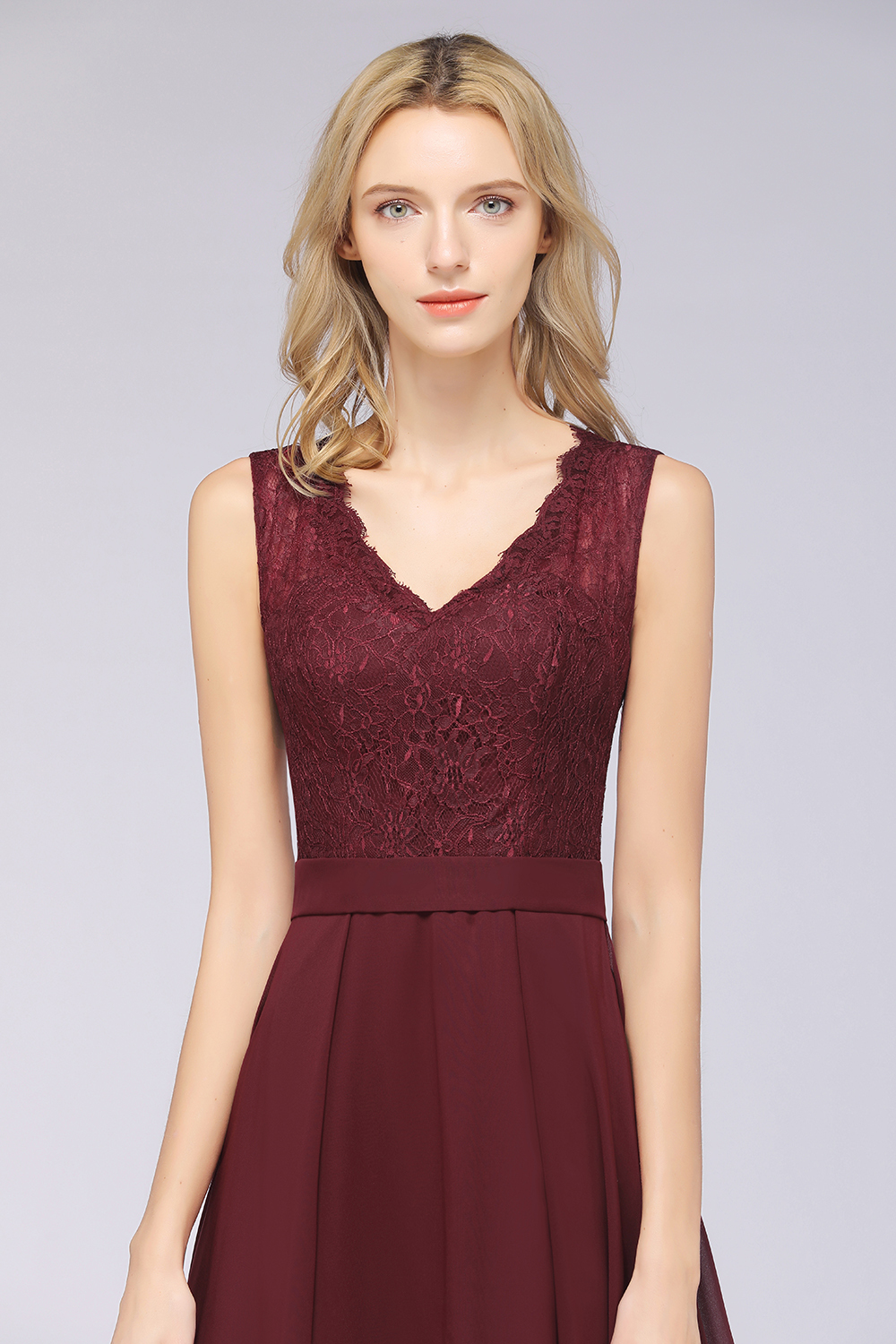 27prom Modest Chiffon V-Neck Burgundy Lace Bridesmaid Dresses Online-27prom