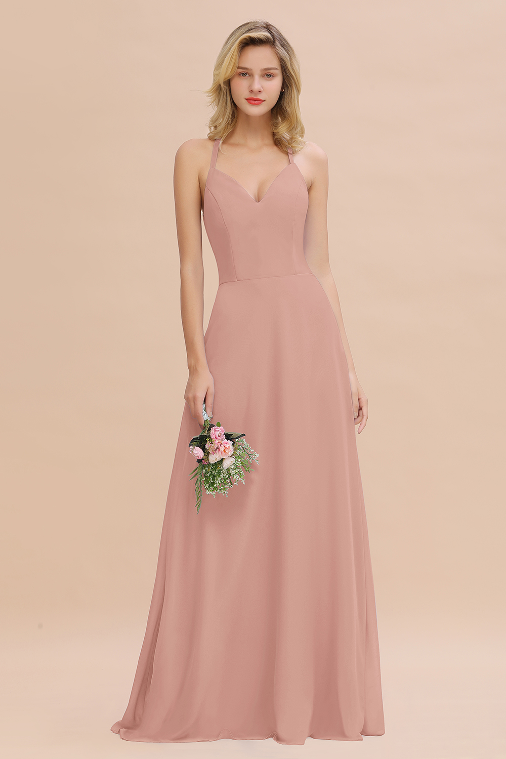 27prom Modest Halter V-Neck Sleeveless Long Bridesmaid Dresses Online-27prom