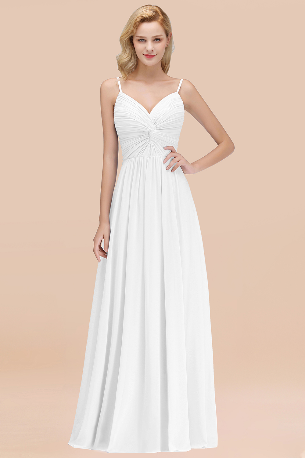 27prom Chic V-Neck Pleated Backless Bridesmaid Dresses with Spaghetti Straps-27prom