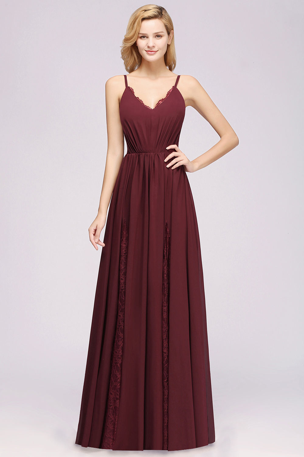 27prom Elegant Spaghetti Straps Long Bridesmaid Dress Lace V-Neck Maid of Honor Dress-27prom