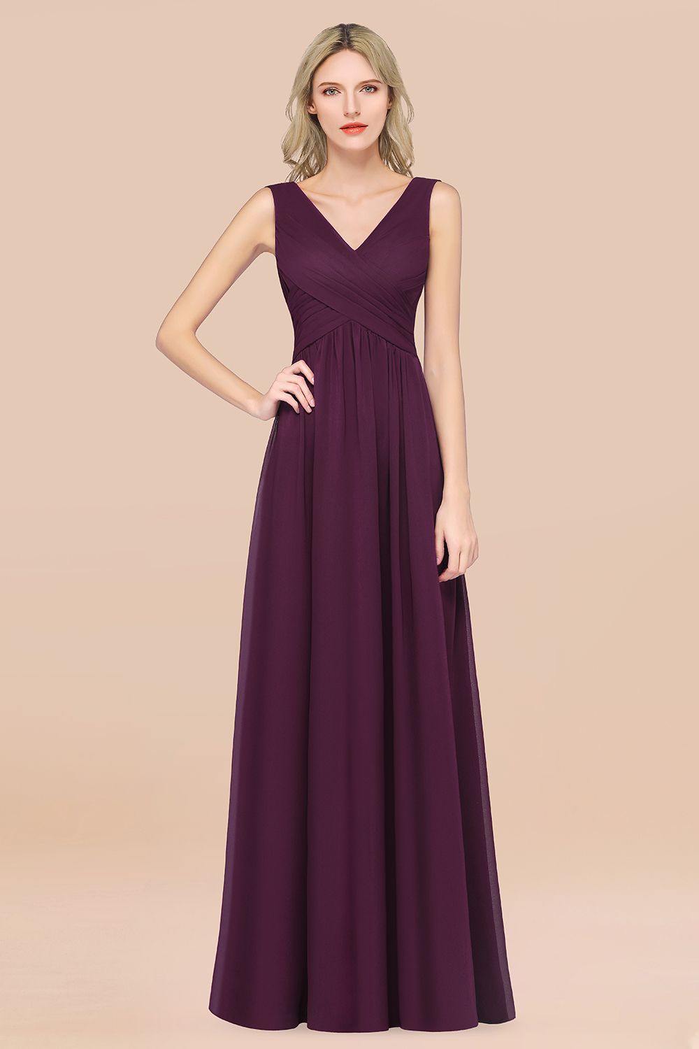 27prom Glamorous Chiffon V-Neck Sleeveless Burgundy Bridesmaid Dress with Draped Back-27prom