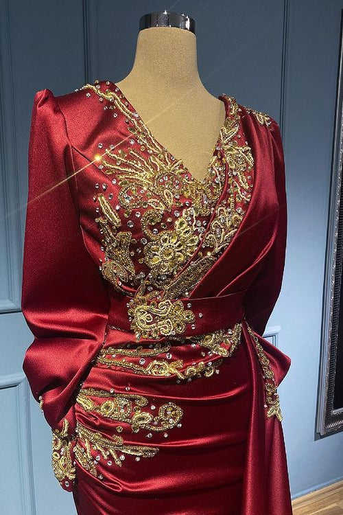 Burgundy Long Sleeves Mermaid Evening Dress with Beads, Ruffles, and Appliques