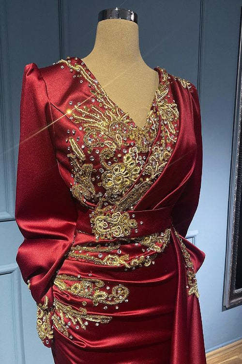 Burgundy Long Sleeves Mermaid Evening Dress with Beads, Ruffles, and Appliques