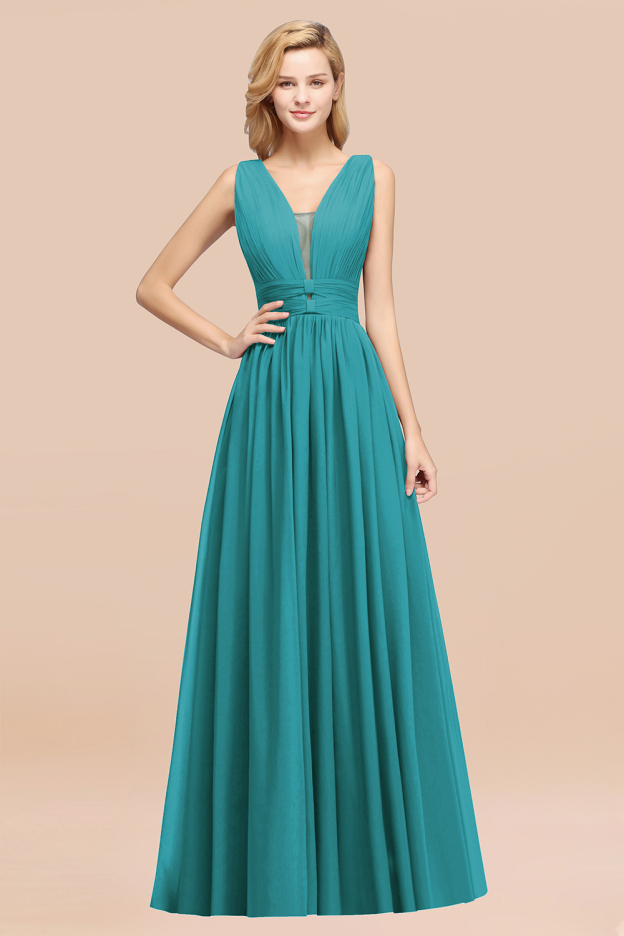 27prom Modest Dark Green Long Bridesmaid Dress Deep V-Neck Chiffon Maid of Honor Dress-27prom