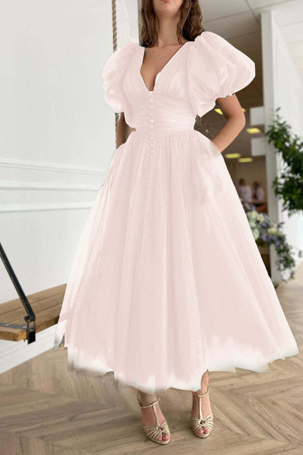 Dark Green V-Neck Evening Dress A-Line with Short Sleeves on Sale