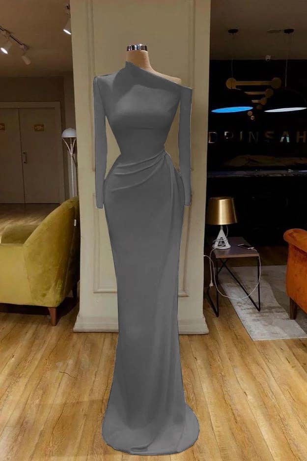 Charming White One Shoulder Mermaid Long Sleeves Prom Dress With Pleated