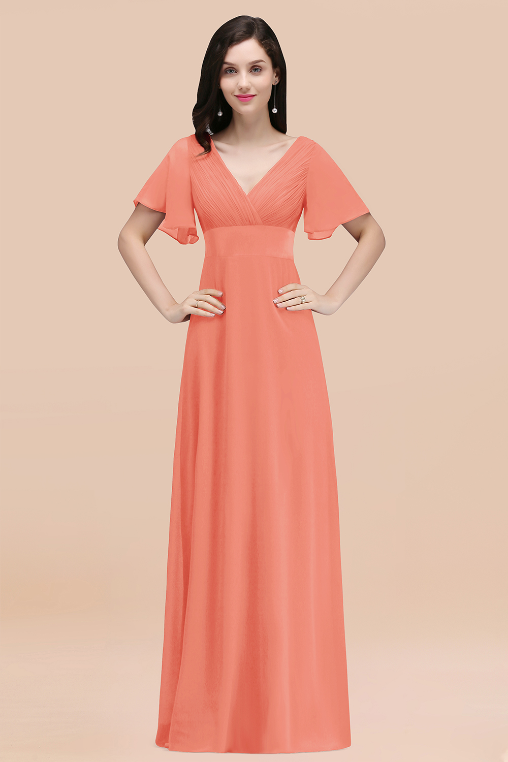 27prom Affordable V-Neck Ruffle Long Burgundy Bridesmaid Dress With Short-Sleeves-27prom