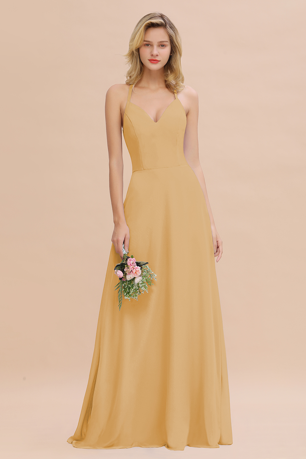 27prom Modest Halter V-Neck Sleeveless Long Bridesmaid Dresses Online-27prom
