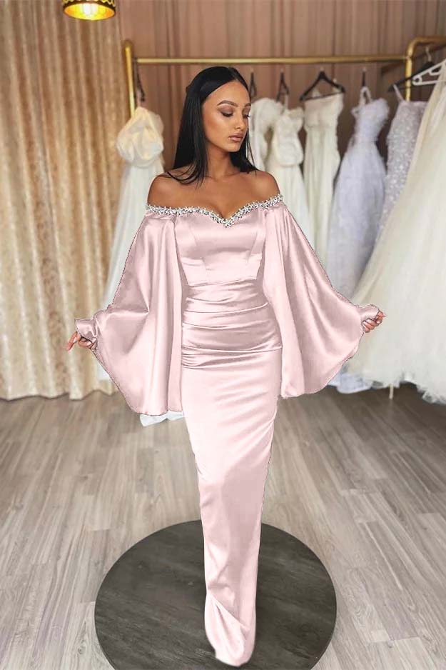 Off the Shoulder Long Sleeves Pleated Long Prom Dress With Beading