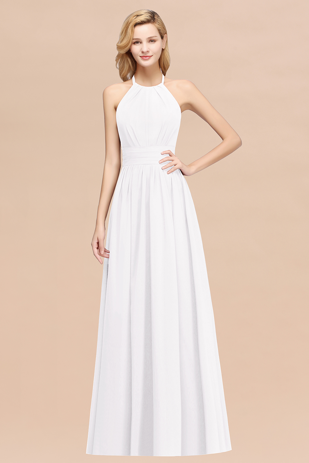 27prom Elegant High-Neck Halter Long Affordable Bridesmaid Dresses with Ruffles-27prom