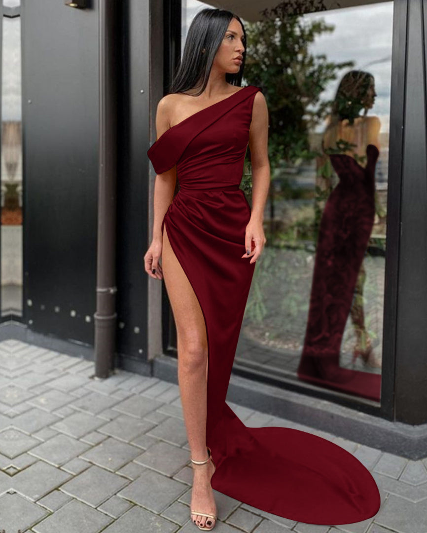 Orange One-Shoulder Mermaid Prom Dress with Split