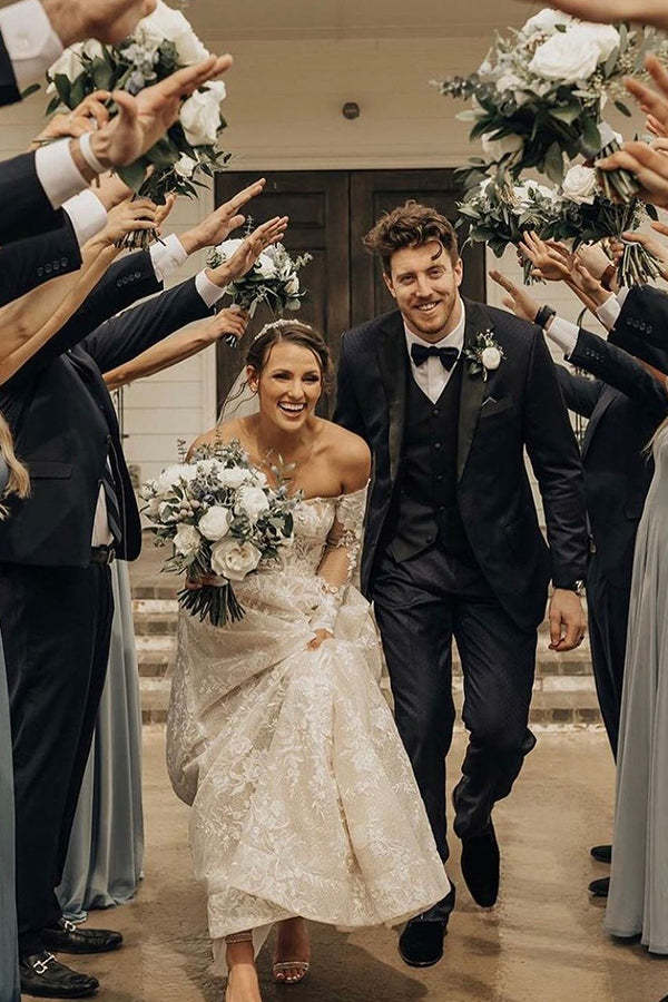 Off-the-Shoulder Long Sleeve A-Line Wedding Dress with Bow and Lace