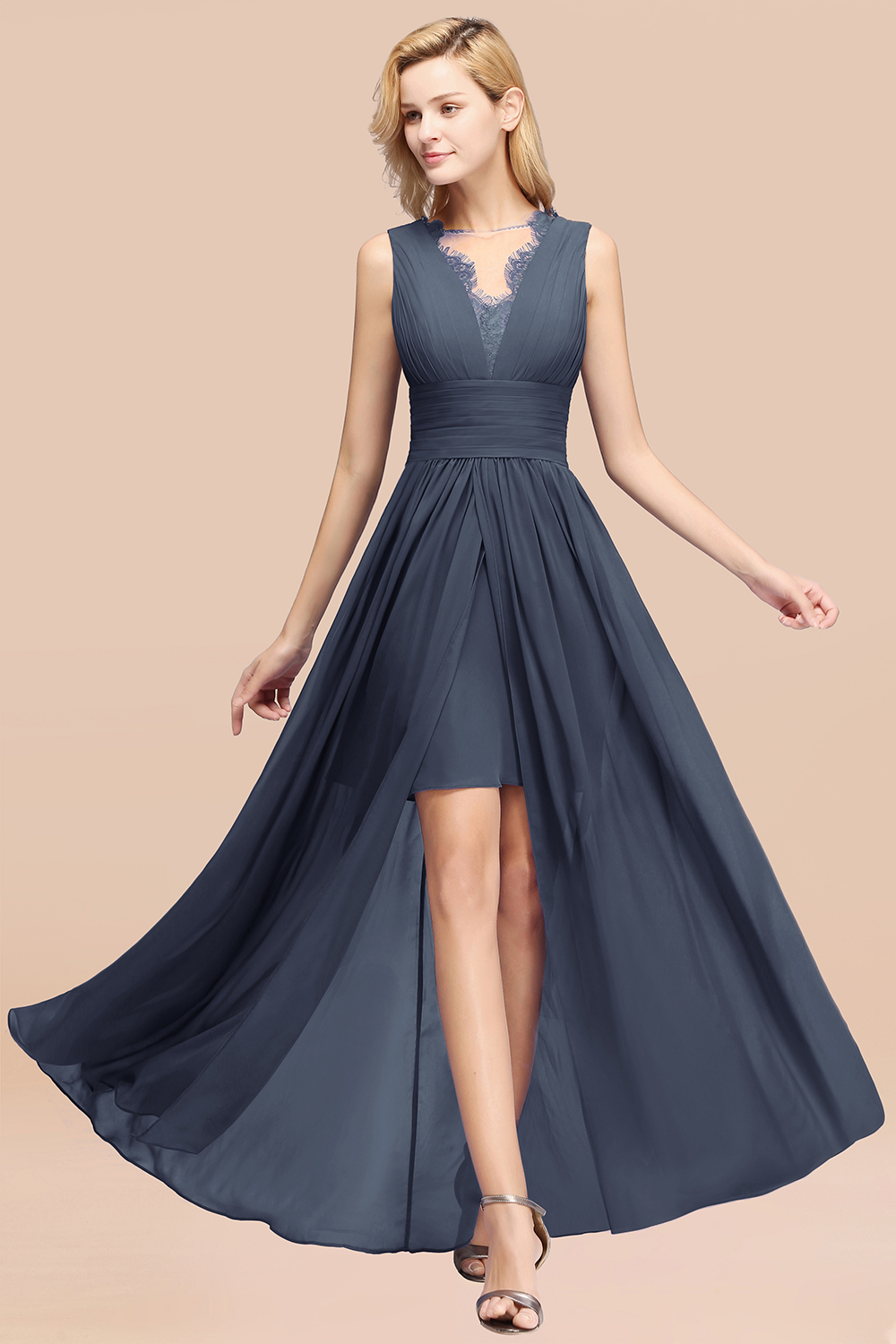 27prom Elegant Chiffon Lace Jewel Sleeveless Bridesmaid Dress with Ruffle-27prom