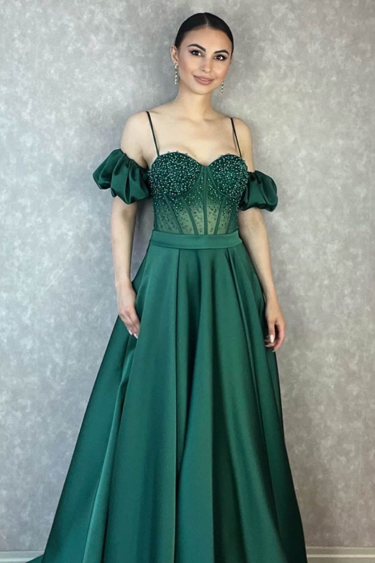 Off-the-Shoulder Spaghetti-Strap Evening Dress with Beadings