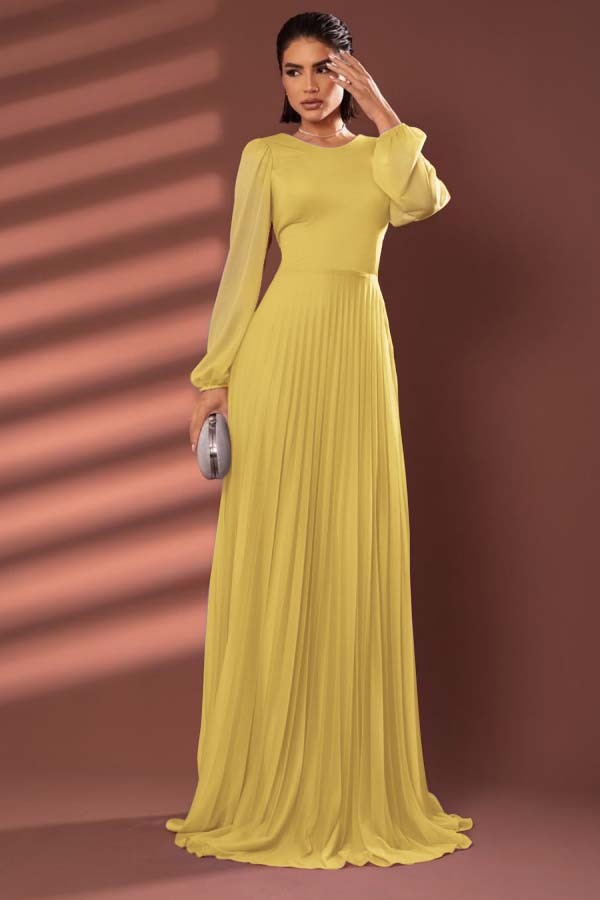 Chiffon Jewel Neck Long Sleeves Long Prom Dress With Pleated