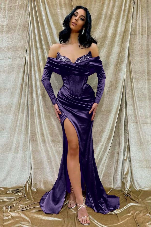 Off the Shoulder Long Sleeves Long Split Prom Dress With Beading