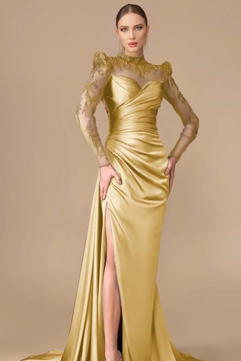 Long Sleeves Long Mermaid Prom Dress With Split Pleated Appliques