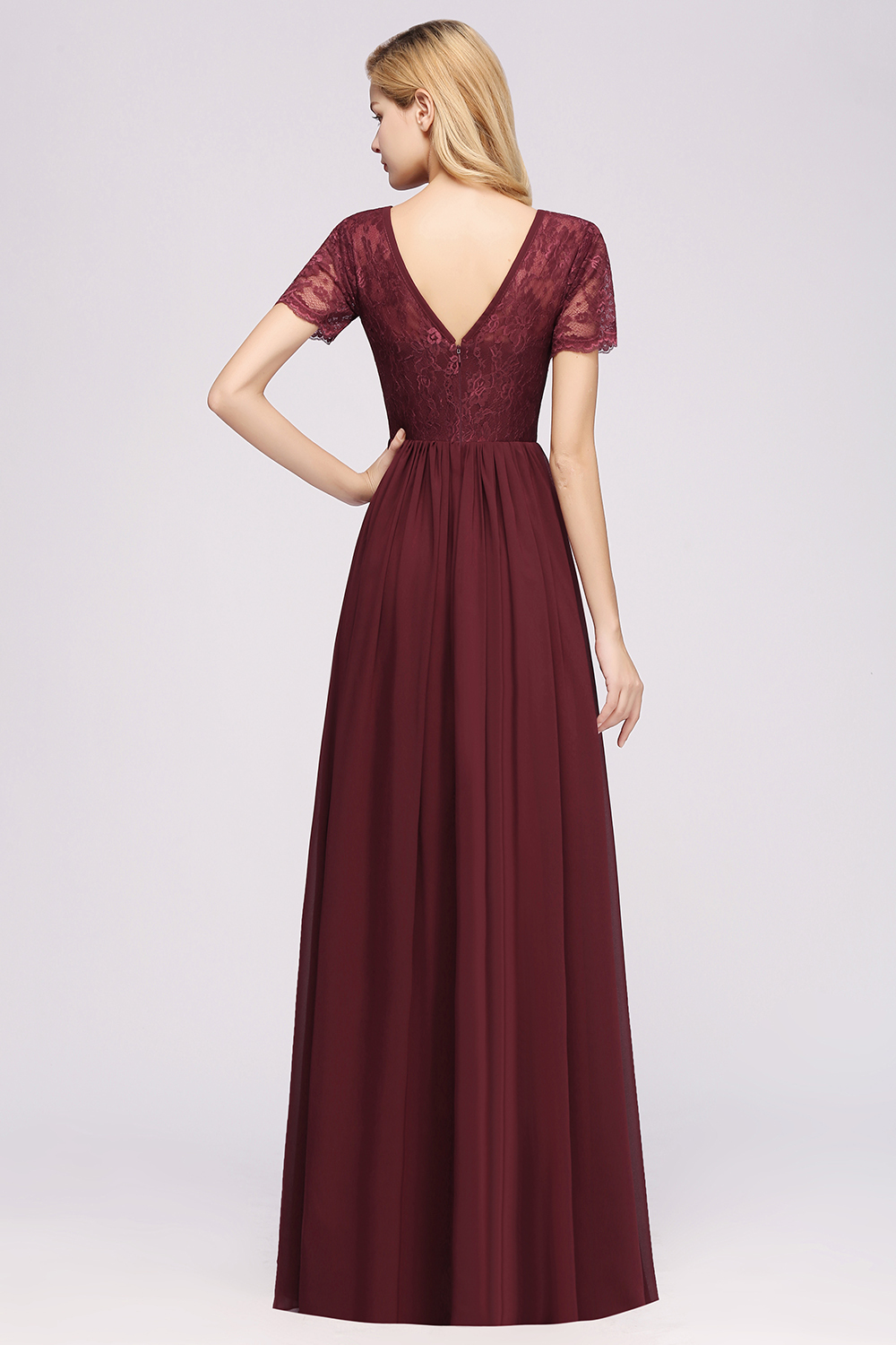27prom Elegant Dark Navy Long Lace Bridesmaid Dresses with Short-Sleeves-27prom